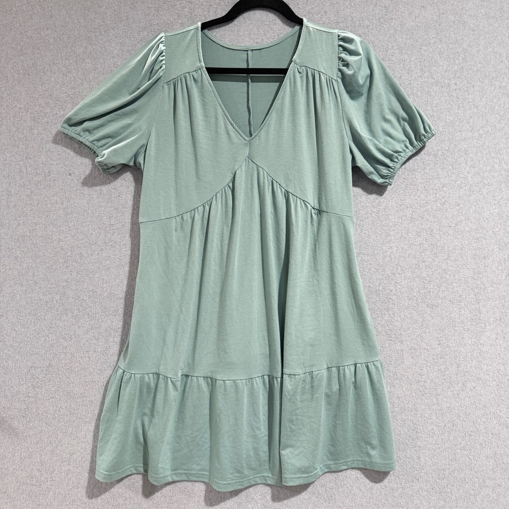 Sage Green Short Puff Sleeve V-Neck Babydoll Tiered Dress with Pockets Size M
